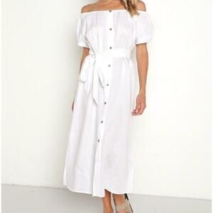 NWT Eberjey Linen‎ Solid White Harper Midi Dress Off Shoulder Button Down Small